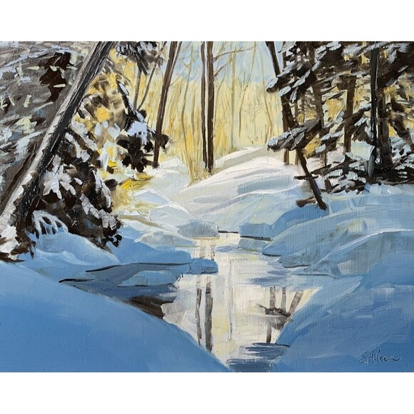 Framed Original Oil Painting Landscape Winter Snowy River Trees 10.5x12.5 Signed - Picture 7 of 9